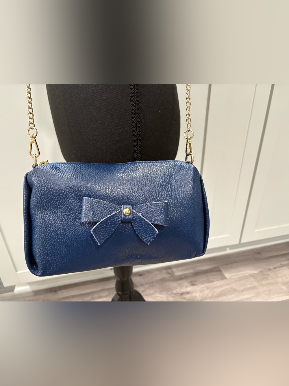 Persaman New York Navy Blue Bow Chain Shoulder Bag with Gold Details- NWOT